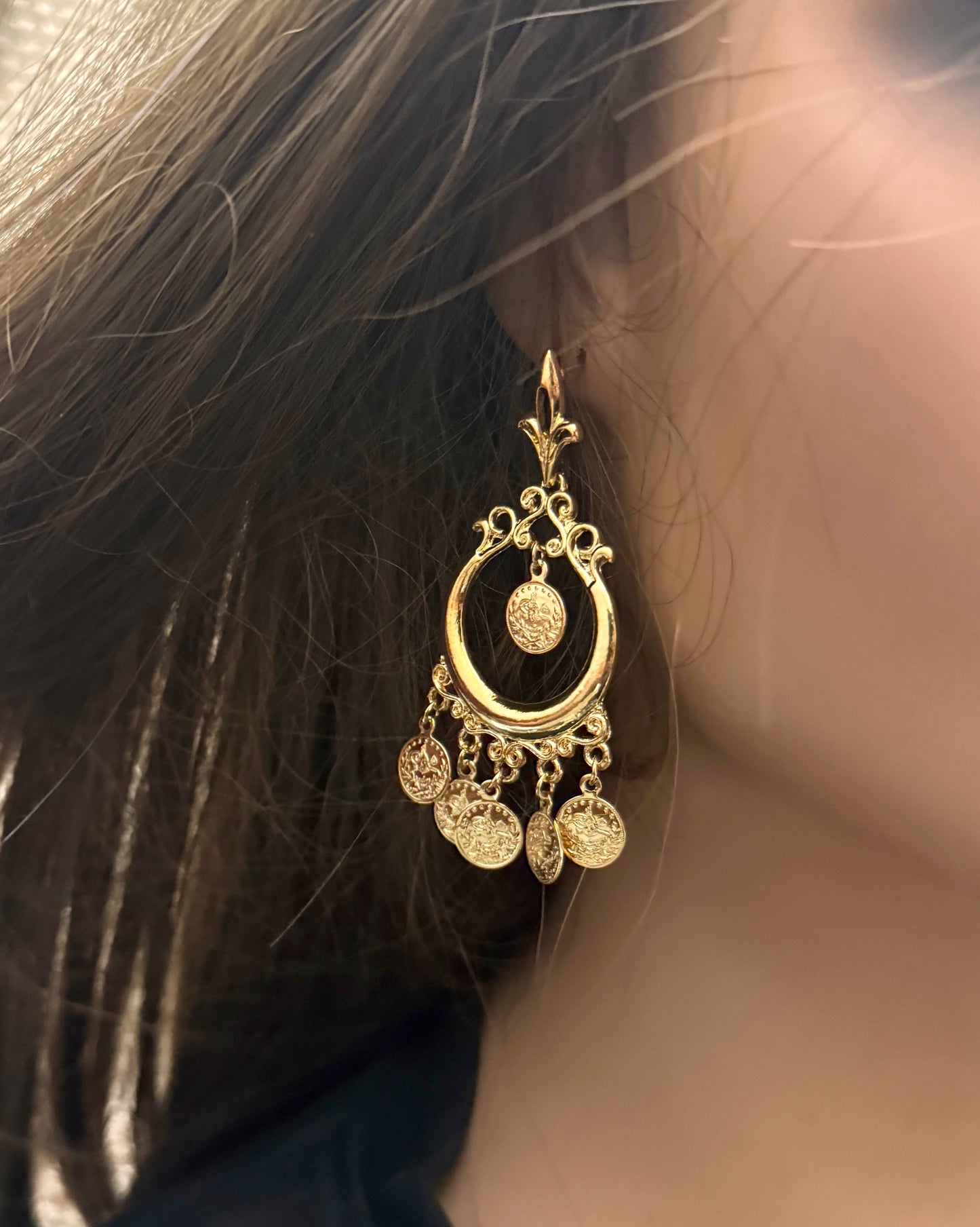 Gold Drop earrings, Coin earnings