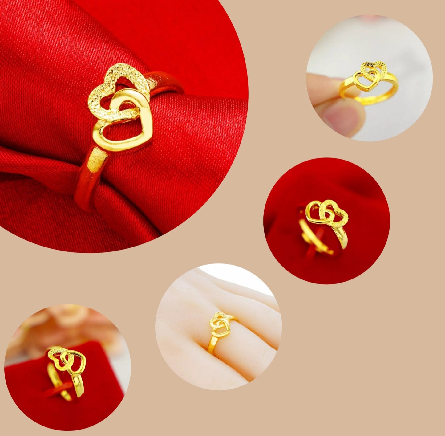 Gold Ring, Double Heart Shape Rings, Wedding Ring