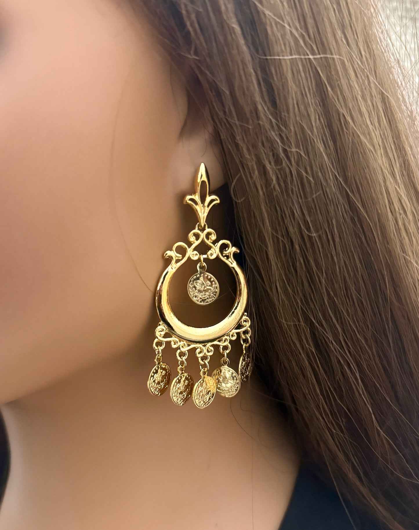 Gold Drop earrings, Coin earnings