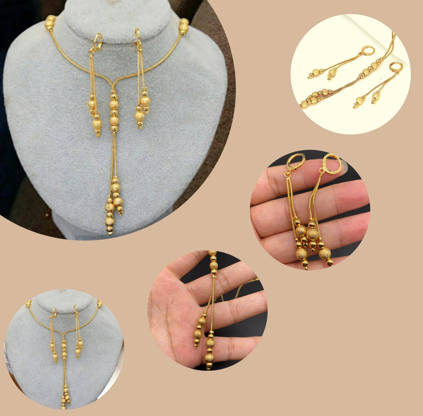 Simple Gold Beads jewelry Set, Gold Necklace, Gold Earrings
