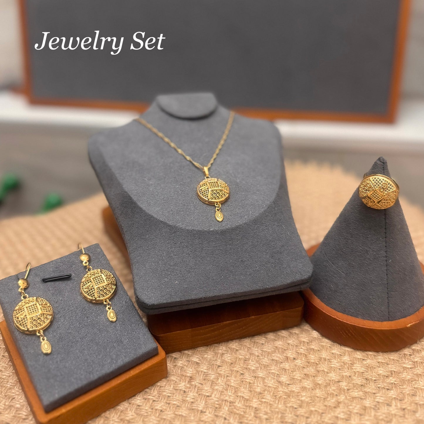 24k Gold Plated Jewelry Set, Gold Necklace Ring & Earrings