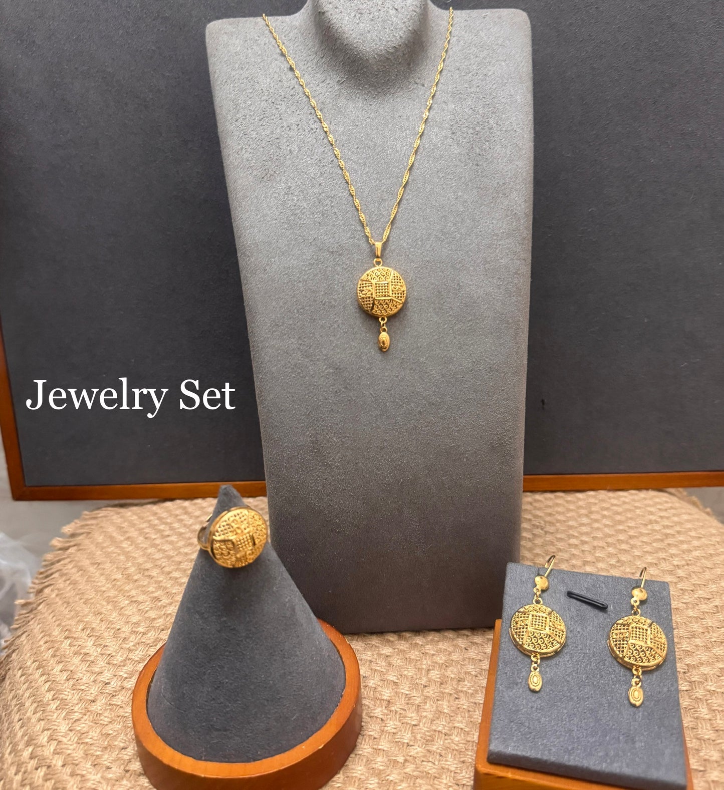 24k Gold Plated Jewelry Set, Gold Necklace Ring & Earrings