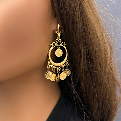 Gold Drop earrings, Coin earnings