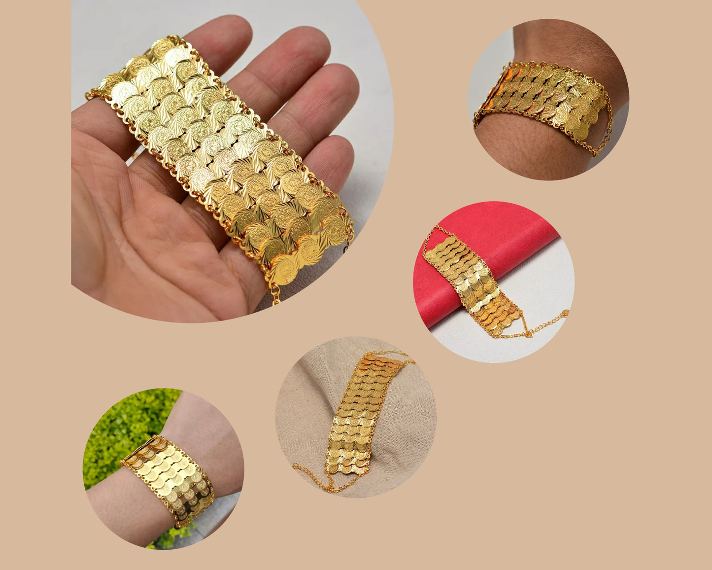 Gold Coin Bracelet, 3 Layer Coin Bracelet Arab Jewelry Fashion